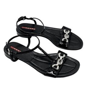PRADA‎ Black Patent Leather Sandals with Silver Block Chain Detail